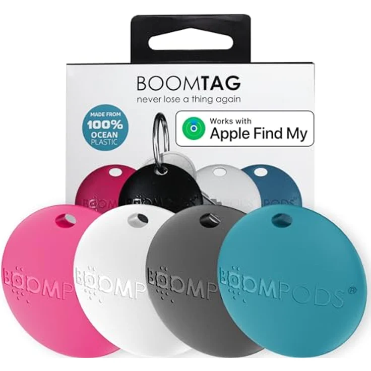 Boompods Boomtag Bluetooth Key Finder 4er Pack - Nachhaltiger Schlüsselfinder, Mini Tracker, Apple Wo ist? App kompatibel, für Schlüssel/Brieftasche/Gepäck GPS Tracking, in 6 stilvollen Farben – Bild 1