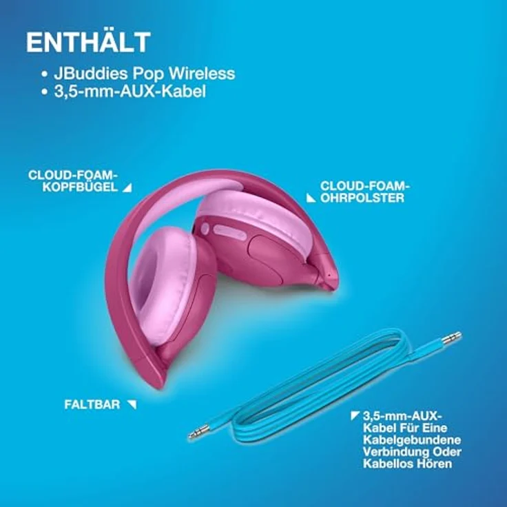 JLab Audio JBuddies Pop, 2-in-1 kabellose Kinderkopfhörer, On-Ear, volumen-sicher, pink – Bild 8