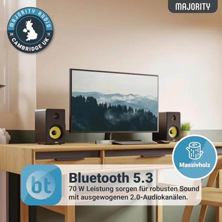 MAJORITY D40X Aktiv Regallautsprecher | 70W 2.0 Gelber Kevlar-Kegel Monitor Lautsprecher | Studio Monitor mit Bluetooth | Bookshelf HiFi Speakers mit Optische, RCA, USB AUX & Inklusive Fernbedienung – Bild 2