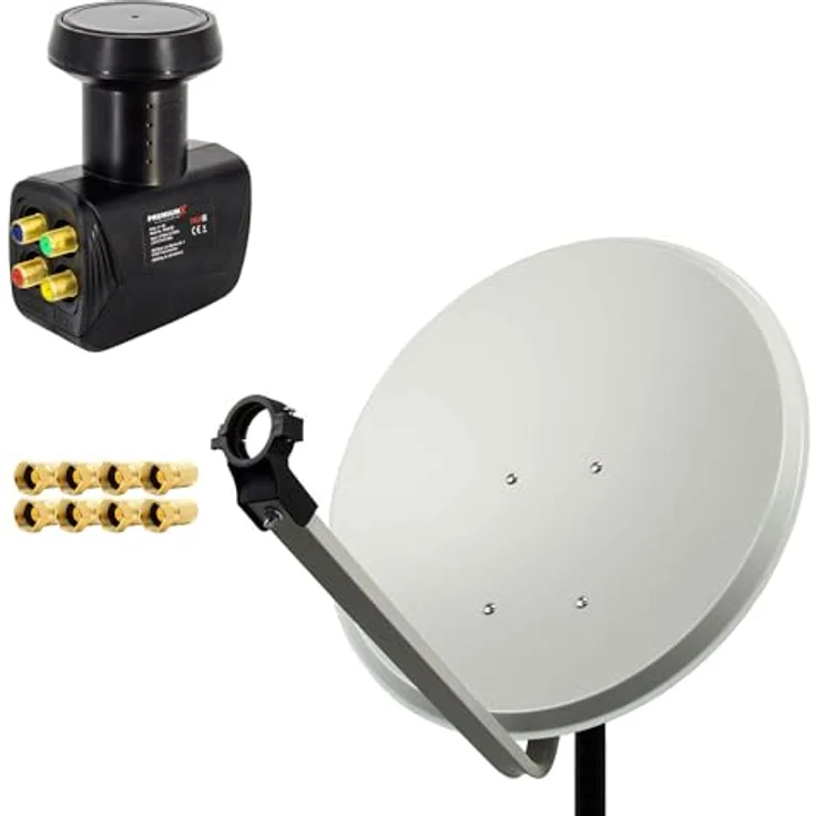 Premium X Satelliten-Komplettanlage PXS80, 80cm Satellitenschüssel aus Stahl in Hellgrau, Quad LNB, für 4 Teilnehmer, wasserdicht und UV-beständig, unterstützt 4K Ultra HD – Bild 1