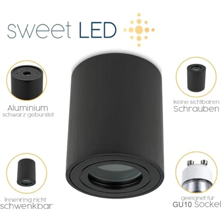 Sweet Led 4 Stück Aufbaustrahler Bad IP44 Aluminium GU10 Deckenspot 95mm Feuchtraum Badezimmer Nassbereich Aufbauleuchte 230V Aufbauspot – schwarz gebürstet, rund – Bild 3