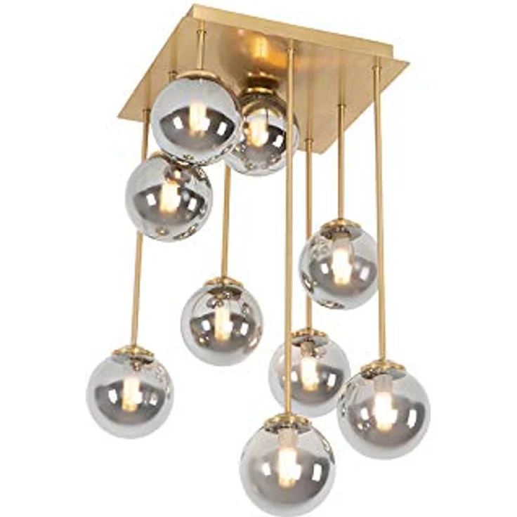 Qazqa - Landhaus I Vintage Moderne Deckenleuchte I Deckenlampe I Lampe I Leuchte Gold I Messing 9-Lichter mit Rauchglas - Athen I Schlafzimmer - Rund - LED geeignet G9 – Bild 1