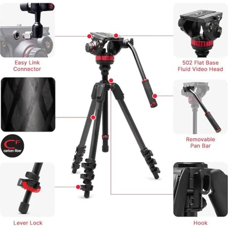 Manfrotto 055 Video-Stativ mit 502 Video-Fluid-Kopf, Carbonfaser, professionelles Schwerlast-Stativsystem, mit Nivelliersäule, Hebelverriegelung, Kamerastativ, für DSLR/spiegellose Kameras, Camcorder, schwarz – Bild 3