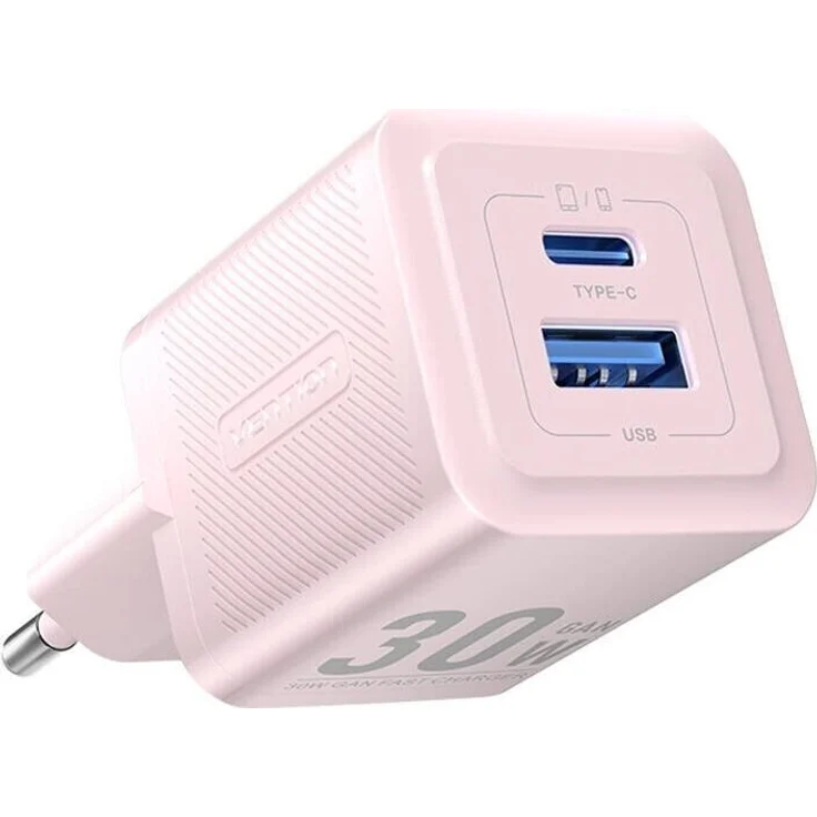 Vention Netzwerk-Ladegerät Feqp0-Eu, 30W PD, Dual USB-C und USB-A Anschlüsse, kompakt, pink