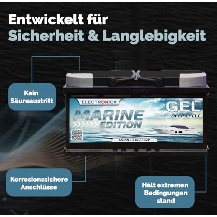 Electronicx Marine Edition Gel Batterie 120 AH 12V, wartungsfreie Bootsbatterie mit hoher Stromabgabe und auslaufsicherem Gehäuse – Bild 5