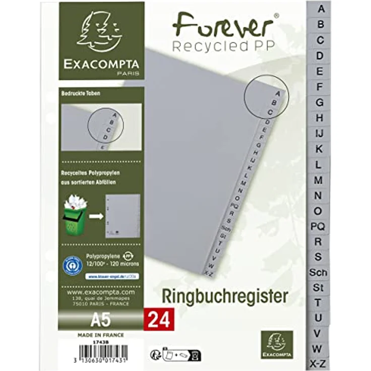 EXACOMPTA Aktenordner Register 1743B A5 PP A-Z grau, Ordnungssystem aus Polypropylen mit A-Z Registerblättern – Bild 6