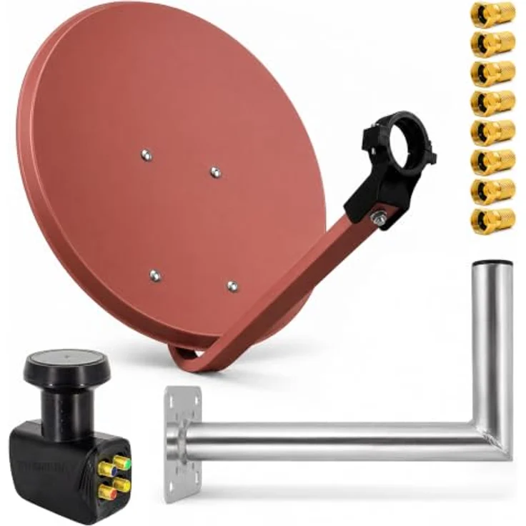 PremiumX SAT Anlage PXS80, 80cm Satellitenantenne mit Quad LNB 0,1dB in Schwarz und stabiler Wandhalterung 45cm in Ziegelrot – Bild 1
