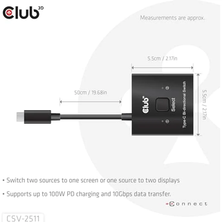 club3D CSV-2511 USB-C® Umschalter, bidirektional, 8K Auflösung, 10 Gbps Datenübertragung, PD 3.0 Unterstützung – Bild 4