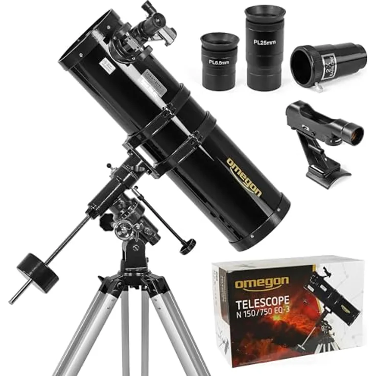 Omegon N 150/750 EQ-3, astronomisches Teleskop für Einsteiger in die Deep-Sky Beobachtung mit 150mm Öffnung, leicht bedienbar, umfangreiches Zubehör
