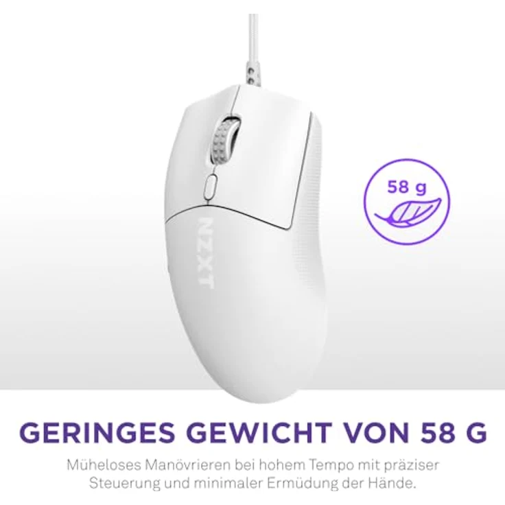 NZXT Lift 2 Symm | Leichte symmetrische kabelgebundene Gaming-Maus | Leichte 58-g-Konstruktion | 8K-Abfragerate | Optische Switches | Optischer 26K-DPI-Sensor | Füße aus 100% PTFE | Weiß – Bild 2