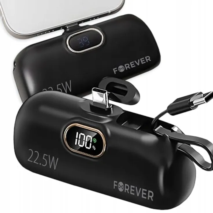Forever Power Bank Mini USB-C, 5000mAh Powerbank mit Schnellladefunktion und Pass-Through, LED-Display, Schwarz, leicht und kompakt für unterwegs