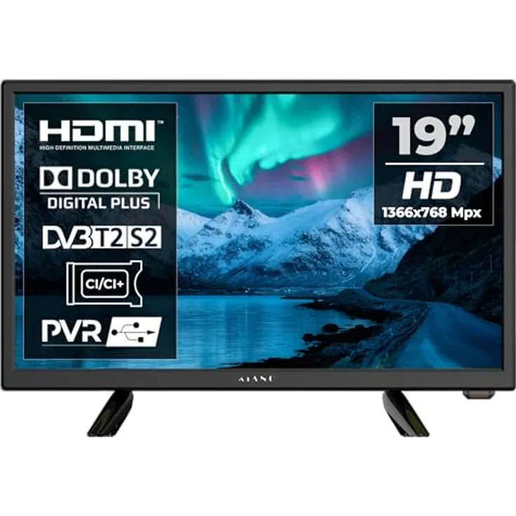 Kiano 19" Camping Fernseher DLED HD TV, 1366×768, 12V/230V, DVB-T2/S2/C, HDMI USB CI VGA, mobil & kompakt, schwarz
