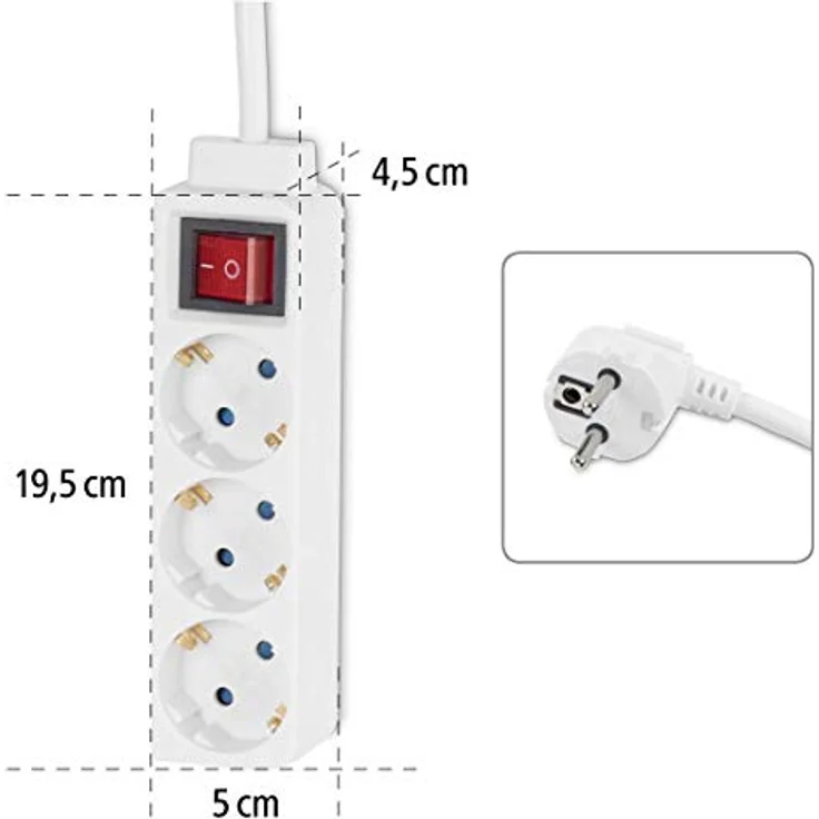 Hama Steckdosenleiste 3-fach (Mehrfachsteckdose mit 1,4m Kabel, inkl. Kippschalter, erhöhter Berührungsschutz, Steckplätze um 45 Grad gedreht, Steckerleiste GS geprüft, max. 3500 W) weiß – Bild 3