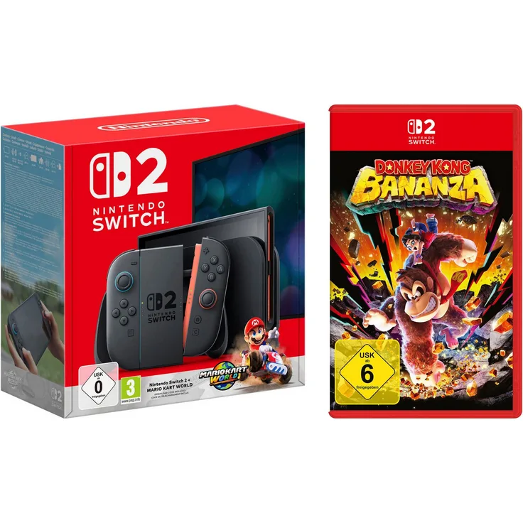 Nintendo Switch 2, Konsole in Schwarz mit 256 GB, inkl. 2 Joy-Con Controllern und Spielen: Mario Kart World & Donkey Kong Bananza, Full HD 7,9 Zoll LCD-Touchscreen