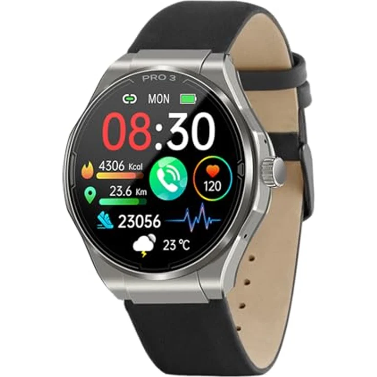 Knauermann PRO 3 (2024) Silber - Gesundheitsuhr Smartwatch mit Telefoniefunktion - EKG + HRV und SOS Funktion - AMOLED Display- BT Bluetooth - Schlafapnoe - Echtlederband Schwarz, 14-24, rund – Bild 2