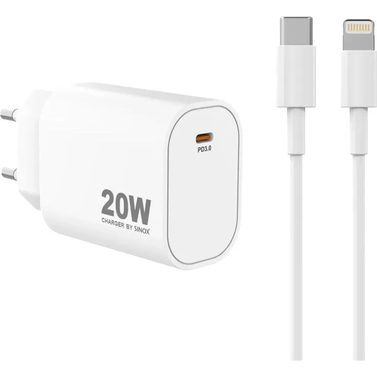 Sinox PRO 230V USB-C PD Ladegerät mit 20W, inkl. 2m Lightning Kabel, weiß