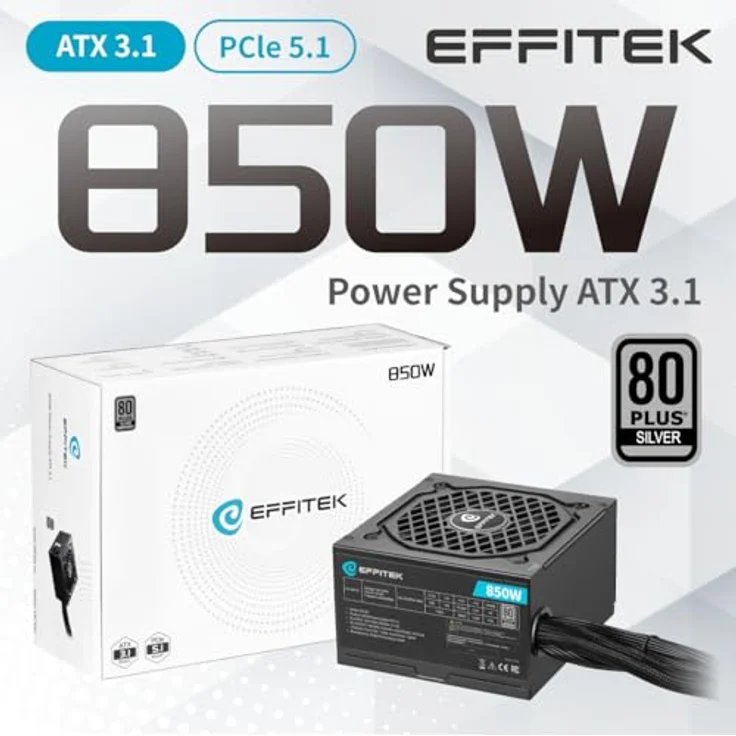EFFITEK 850Watt ATX 3.1 Gamer Netzteil, 80 Plus Silver, unterstützt PCIe 5.1 GPUs, 140mm kompakt, 10 Jahre Garantie – Bild 2