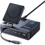 Baseus NOMOS 5 in 1 Ladestation, 140 W USB-C Ladegerät mit 15 W Qi2.0 MagSafe Ladegerät, Typ C Einziehbares Kabel, 2*USB-C & 1*USB-A Schlüsse und Digitale Anzeige, für iPhone 16/15, MacBook & Surface