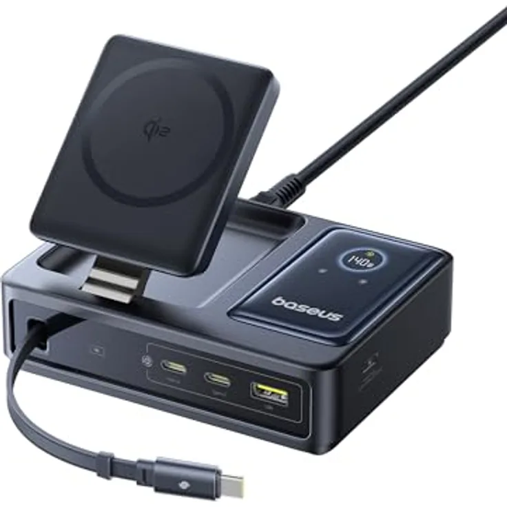Baseus NOMOS 5 in 1 Ladestation, 140 W USB-C Ladegerät mit 15 W Qi2.0 MagSafe Ladegerät, Typ C Einziehbares Kabel, 2*USB-C & 1*USB-A Schlüsse und Digitale Anzeige, für iPhone 16/15, MacBook & Surface