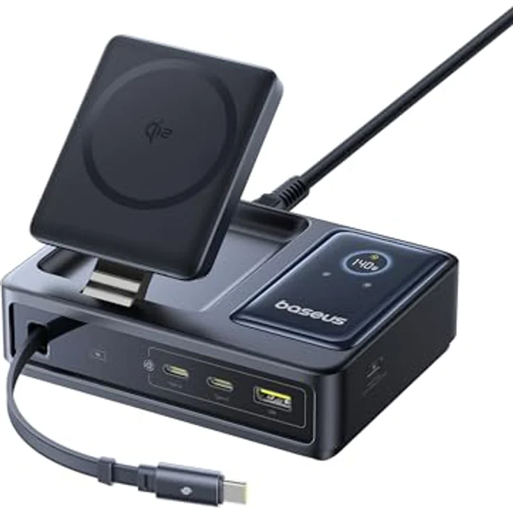 Baseus NOMOS 5 in 1 Ladestation, 140 W USB-C Ladegerät mit 15 W Qi2.0 MagSafe Ladegerät, Typ C Einziehbares Kabel, 2*USB-C & 1*USB-A Schlüsse und Digitale Anzeige, für iPhone 16/15, MacBook & Surface – Bild 1