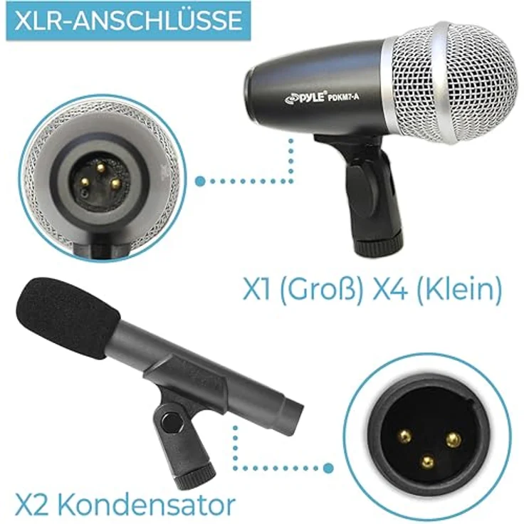 Pyle 7-teiliges Drum Mikrofon Set – Dynamisch & Kondensator, Schwarz/Silber, für Studio und Live mit Koffer, Halterungen und XLR-Anschlüssen – Bild 4