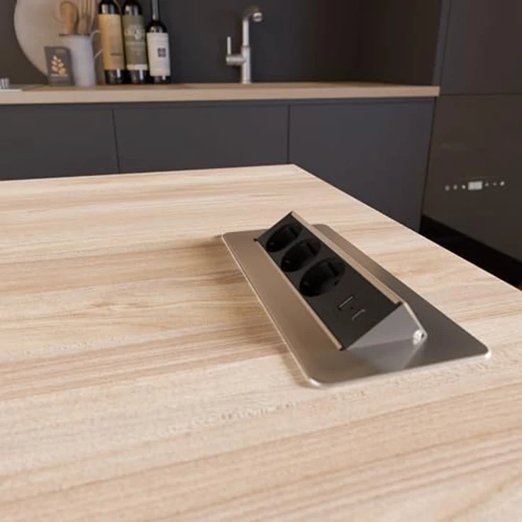 kalb | 3er Flipup-Mehrfachsteckdose Voltaris mit USB A/C, Steckdosenleiste 230VAC 16A, Tischanschlussfeld für Möbel, Einbau-Steckdose mit USB Ports, Versenkbare Mehrfachsteckdose, EU-Schutzkontaktsteckt, Material für Möbel – Bild 3