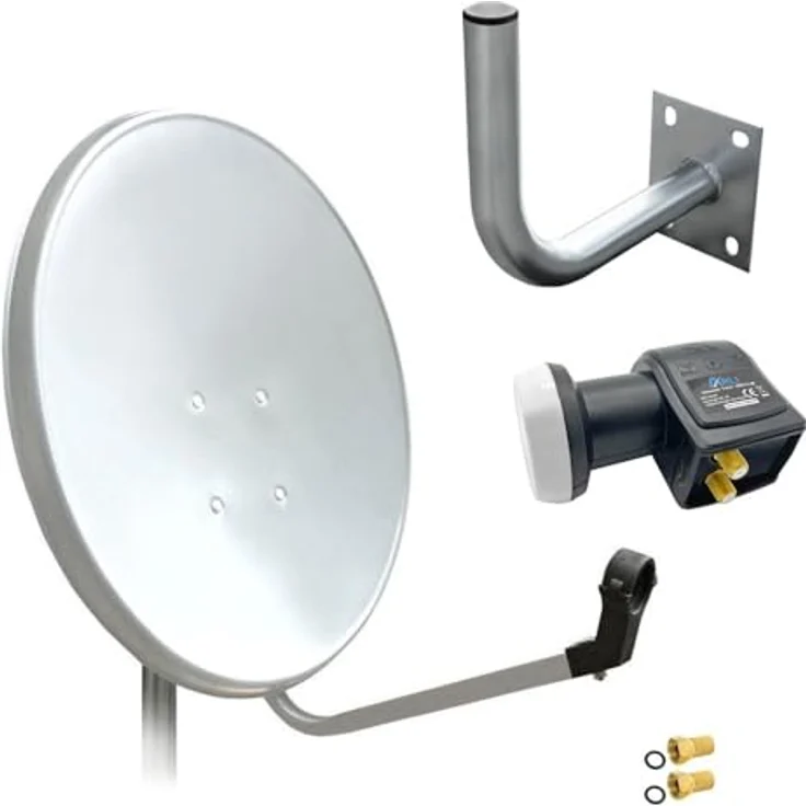 ARLI 60cm HD Sat Anlage Twin LNB, digitale Antenne für 2 Teilnehmer, inkl. Wandhalter 25 cm, wetterfest, weiß, UHD 4K – Bild 1