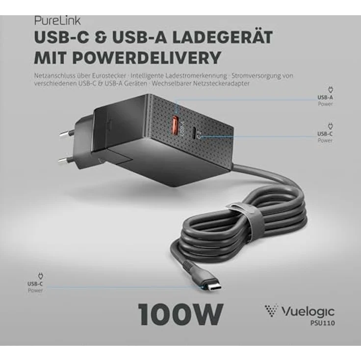 Purelink VL-PSU110 USB Netzteil (100 W), 3-Port GaN Ladegerät mit USB-C & USB-A, Schwarz – Bild 6