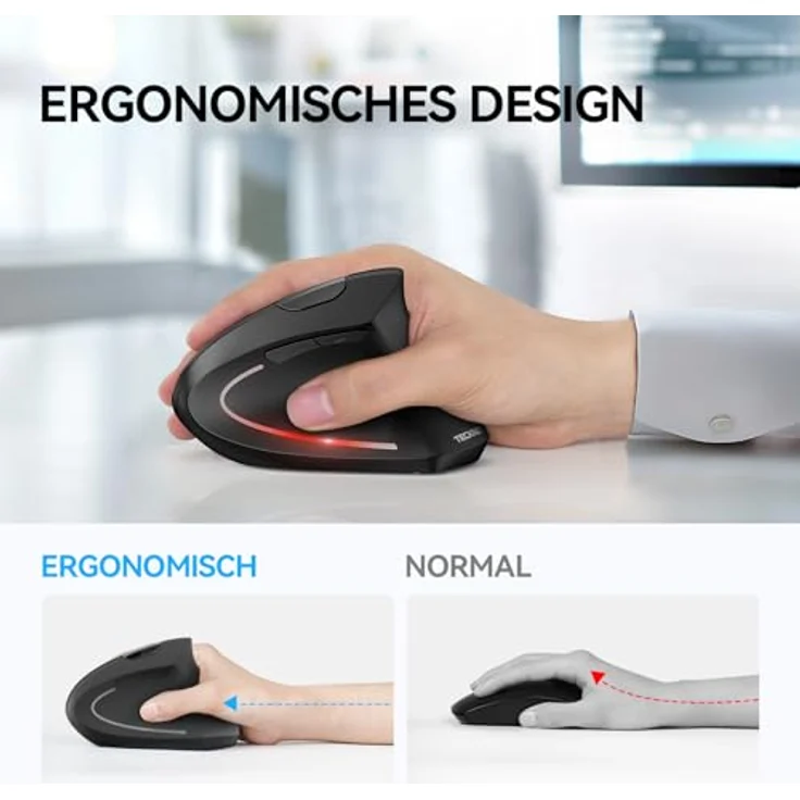 TECKNET Ergonomische Kabellose Maus, Vertikale Bluetooth-Maus (BT 5.0+BT 3.0+2.4G), 6 DPI-Einstellstufen bis 4800, Optisch Leise, für Laptop/PC/Mac/Tablet/iPad, 6 Tasten – Bild 2