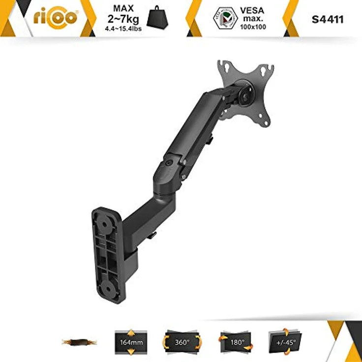 RICOO PC Monitor Wandhalterung höhenverstellbar Gasfeder Schwenkbar Neigbar für Bildschirm 17-27 Zoll, Halterung Wand S4411, Monitorhalterung, Bildschirmhalterung, VESA 75 x 75, 100x100 mm – Bild 2