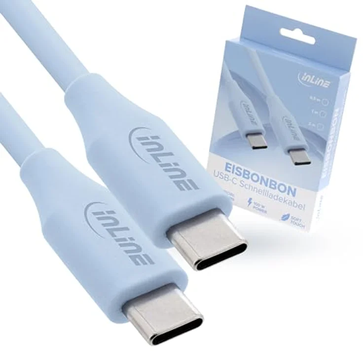 InLine Colour your Charge USB C Kabel 100W, PD Schnellladekabel, Silikon, flexibel, für iPhone, iPad, Galaxy S23, Pixel, 1m, Eisbonbon (blau), 35891B – Bild 1