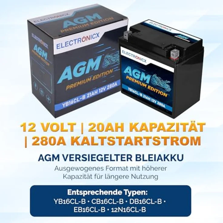 Electronicx YB16CL-B 12V 21Ah AGM Motorrad Batterie, Wartungsfrei, CB16CL-B kompatibel, Premium – Bild 5