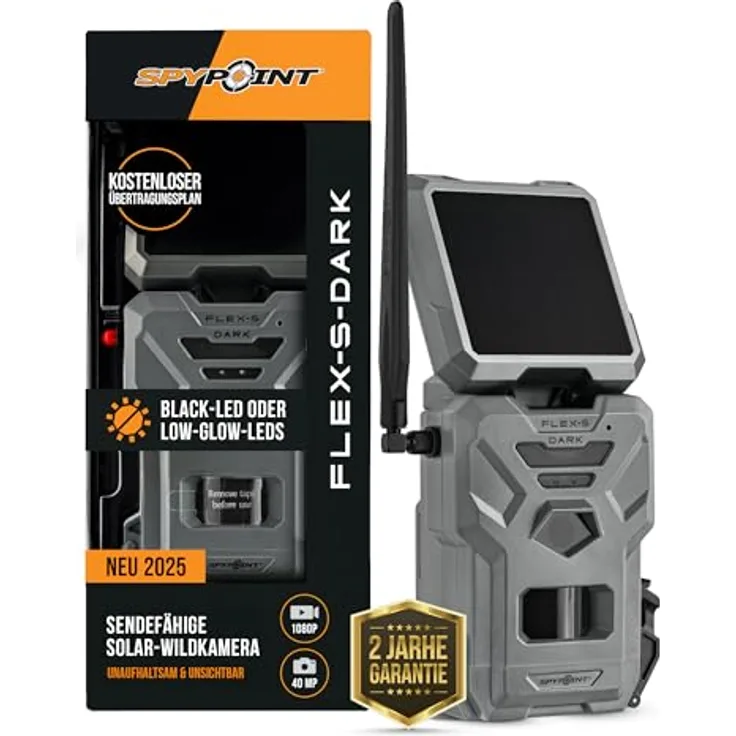 Spypoint FLEX-S-DARK, Mobilfunk-Wildkamera mit 40 MP Auflösung, Solarpanel und 30 m Reichweite