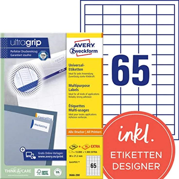AVERY Zweckform 3666-200 Universal Etiketten (13.000 plus 1.300 Klebeetiketten extra, 38x21,2mm auf A4, Papier matt, individuell bedruckbar, selbstklebende Aufkleber mit ultragrip) 220 Blatt, weiß