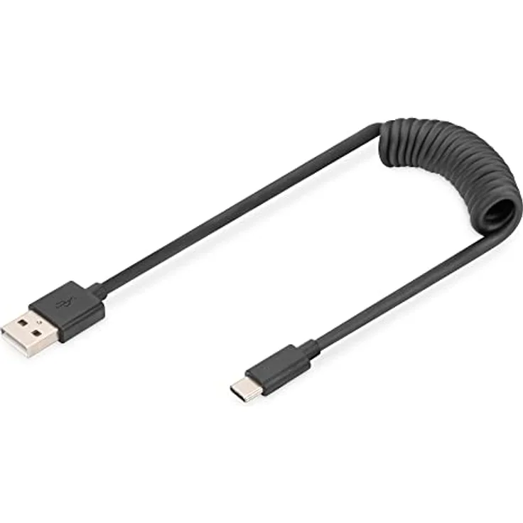 DIGITUS USB 2.0 Spiralkabel, USB-A auf USB-C, flexibel bis 1 m, schwarz, Datenrate bis 480 Mbit/s