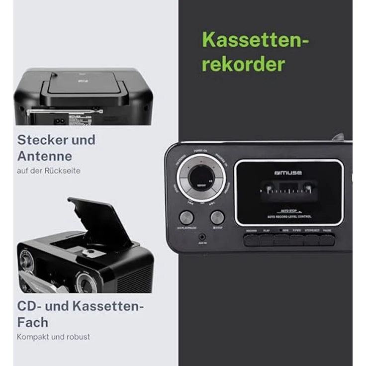 Muse M-182 Stereo-Radio mit CD-Player und Kassetten-Recorder mit Aufnahme-Funktion, Batteriebetrieb möglich (UKW und MW-Tuner, AUX-Eingang, Teleskopantenne), schwarz – Bild 4