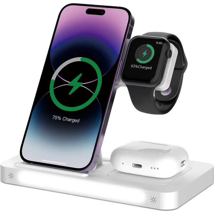 Devia Smart 3in1 drahtloses Ladegerät 15W, Weiß, für Smartphone, Apple Watch und Kopfhörer mit LED-Nachtlampe