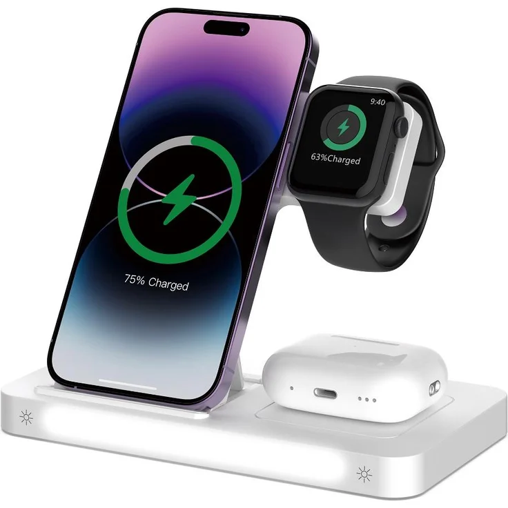 Devia Smart 3in1 drahtloses Ladegerät 15W, Weiß, für Smartphone, Apple Watch und Kopfhörer mit LED-Nachtlampe