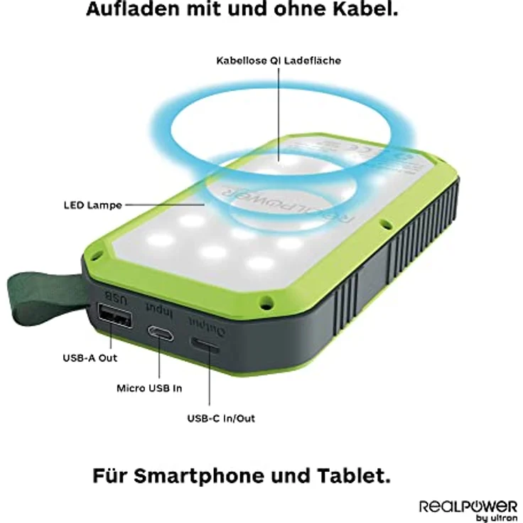 RealPower PB-10000 Wireless Solar Powerbank, 10000mAh Solarladegerät externer Akku mit QI, USB C EIN- Ausgang für Smartphone Tablets und mehr – Bild 2