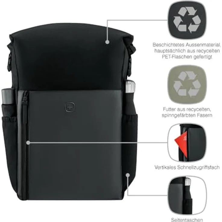 WENGER UrbanOne Roll-Top Backpack, Laptop-Rucksack bis 15,6 Zoll mit Rollverschluss, 25 l, Schwarz, für Damen/Herren, Büro und Uni – Bild 4