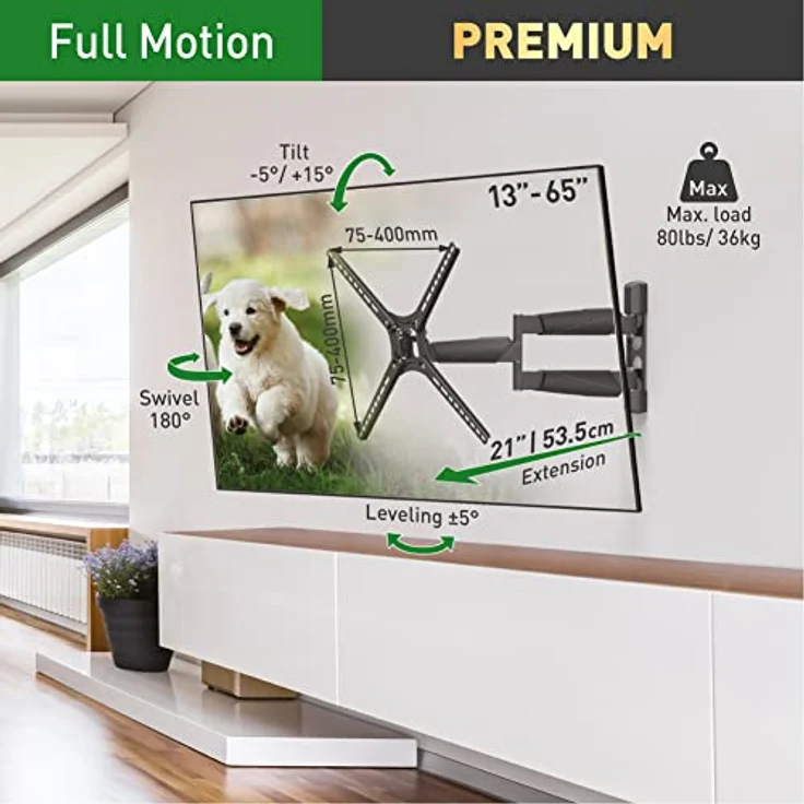 Barkan lange TV Wandhalterung, 13 - 65 Zoll Schwenkbar / Neigbar / Vollbewegung luxuriösen flach & curved Fernseher TV Halterung, hält bis 36.2Kg, extra langer Auszug, für LED OLED LCD, VESA 400x400 – Bild 2