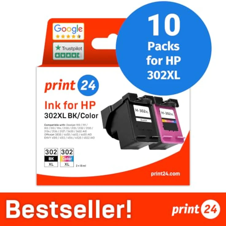 print24 Tintenpatrone 302XL, 10-tlg. Set in Schwarz, Cyan, Magenta und Gelb, kompatibel mit HP Druckern – Bild 2