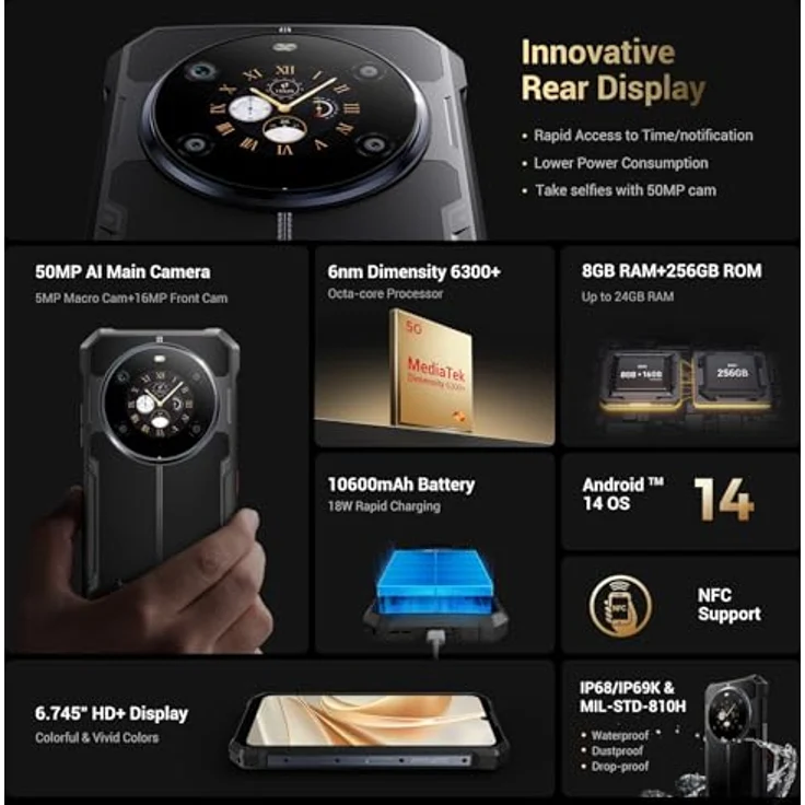 FOSSiBOT F109 5G Smartphone ohne Vertrag, 10600mAh Akku, 24GB RAM, 256GB Speicher, 50MP + 16MP Kamera, IP68/IP69K, Android 14, 6.75 Zoll, Simlockfrei – Bild 2
