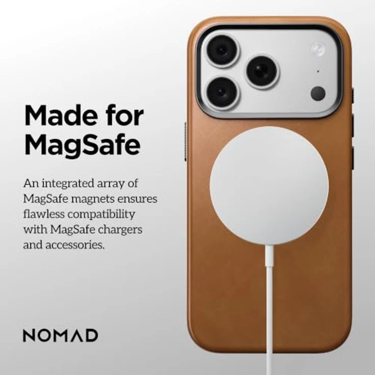 Nomad Traditional Leather Case für iPhone 18 Pro Max/17 Pro Max, englisches Tan, Vollnarbenleder, MagSafe- und Qi2-kompatibel, Glas-Camera-Control-Taste, eloxierte Aluminiumtasten – Bild 4