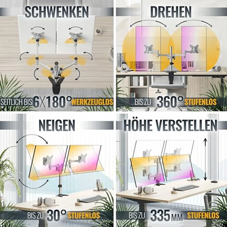 RICOO Monitor Tischhalterung für 2 Monitore Monitorhalterung TS3311 Monitorständer Schwenkbar Neigbar Höhenverstellbar Schreibtisch Bildschirmständer Tisch Ständer Monitorhalterungen VESA 75x75 100x100 / Silber – Bild 4