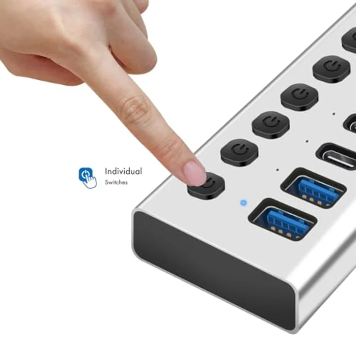 LogiLink UA0447 USB 3.2 Gen1 Hub mit 7-Ports, USB Typ A und C, Aluminium, mit EIN-/Ausschalter und 20 W PD Ladegerät – Bild 3