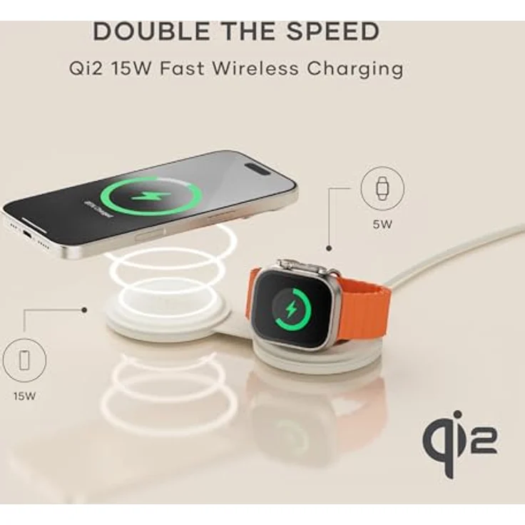 Satechi OntheGo 2-in-1 Wireless Charger, mobiler Qi2 Ladegerät mit 15 W für iPhone und 5 W für Apple Watch, faltbares Design, Weiss – Bild 2