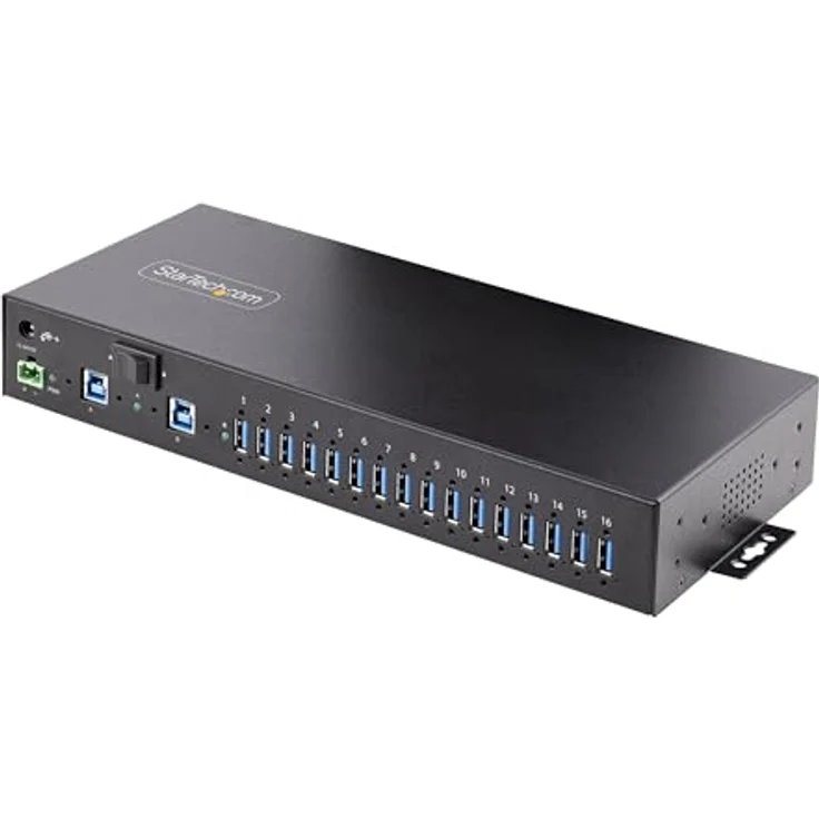 StarTech.com 16-Port Industrie USB 3.0 Hub mit Netzteil, 5Gbps Verteiler/Mehrfachstecker für DIN/Rack, Dual-Host USB Switch, Metallgehäuse, ESD-Schutz, 160 W Netzteil – Bild 1