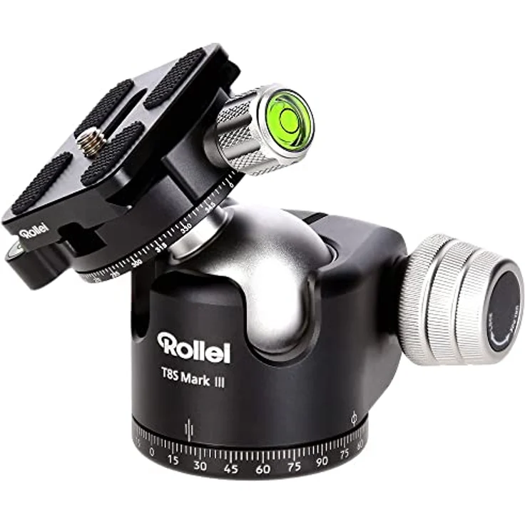 Rollei T8S Markt II professioneller 360 Grad Kamera Stativ Kugelkopf mit Friktion, 22KG Tragkraft, Skalierung f. Panorama Aufnahmen und 2 Wasserwaagen.Inkl. Acra Swiss kompatibler Schnellwechselplatte – Bild 5