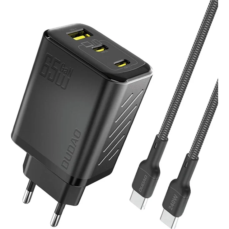 Dudao A29C Adapter 65W, 2x USB-C, 1x USB-A, 1m USB-C Kabel, GaN-Technologie, schwarz